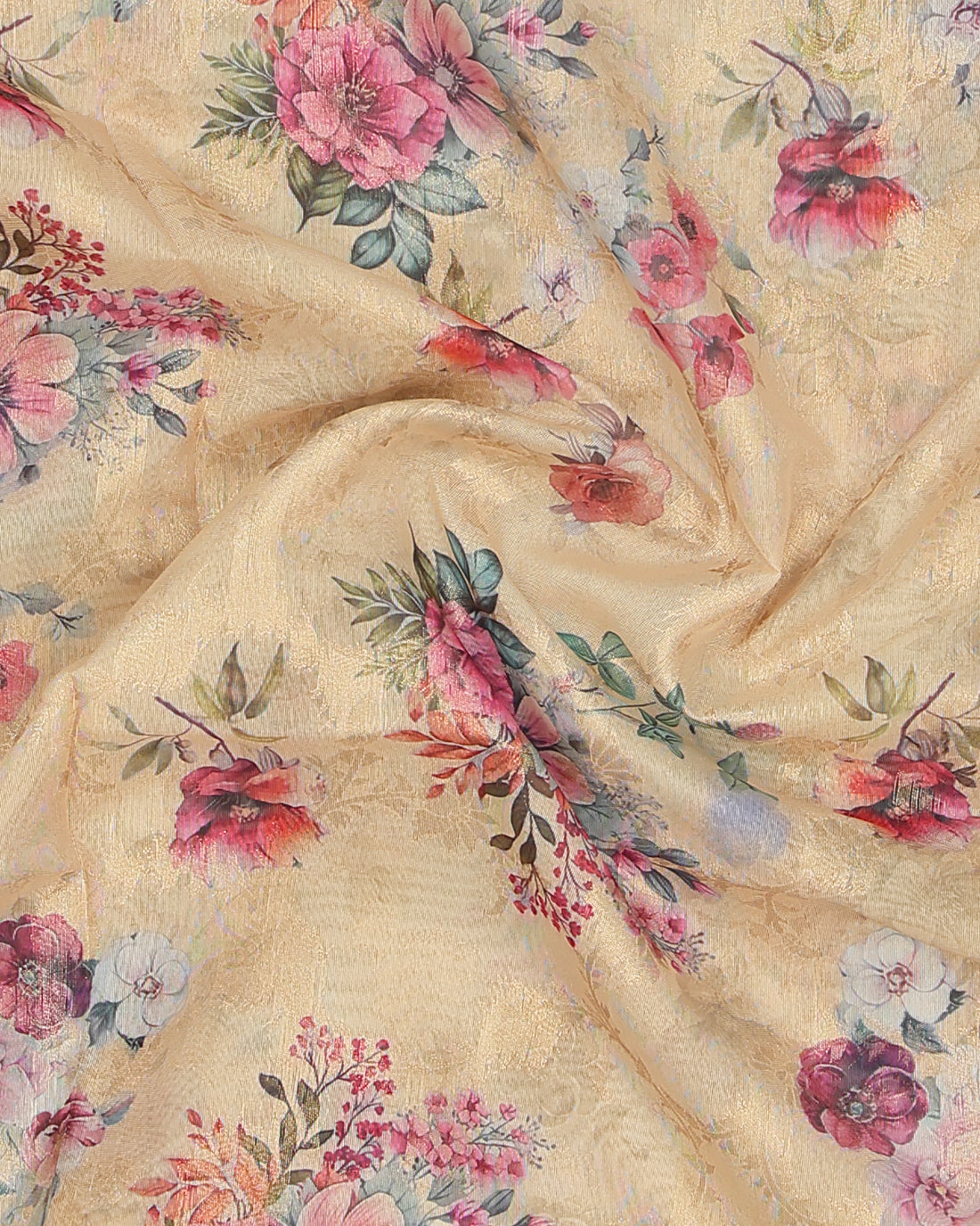 Floral Fancy Silk Saree with Contrast Zari Border - Sandal