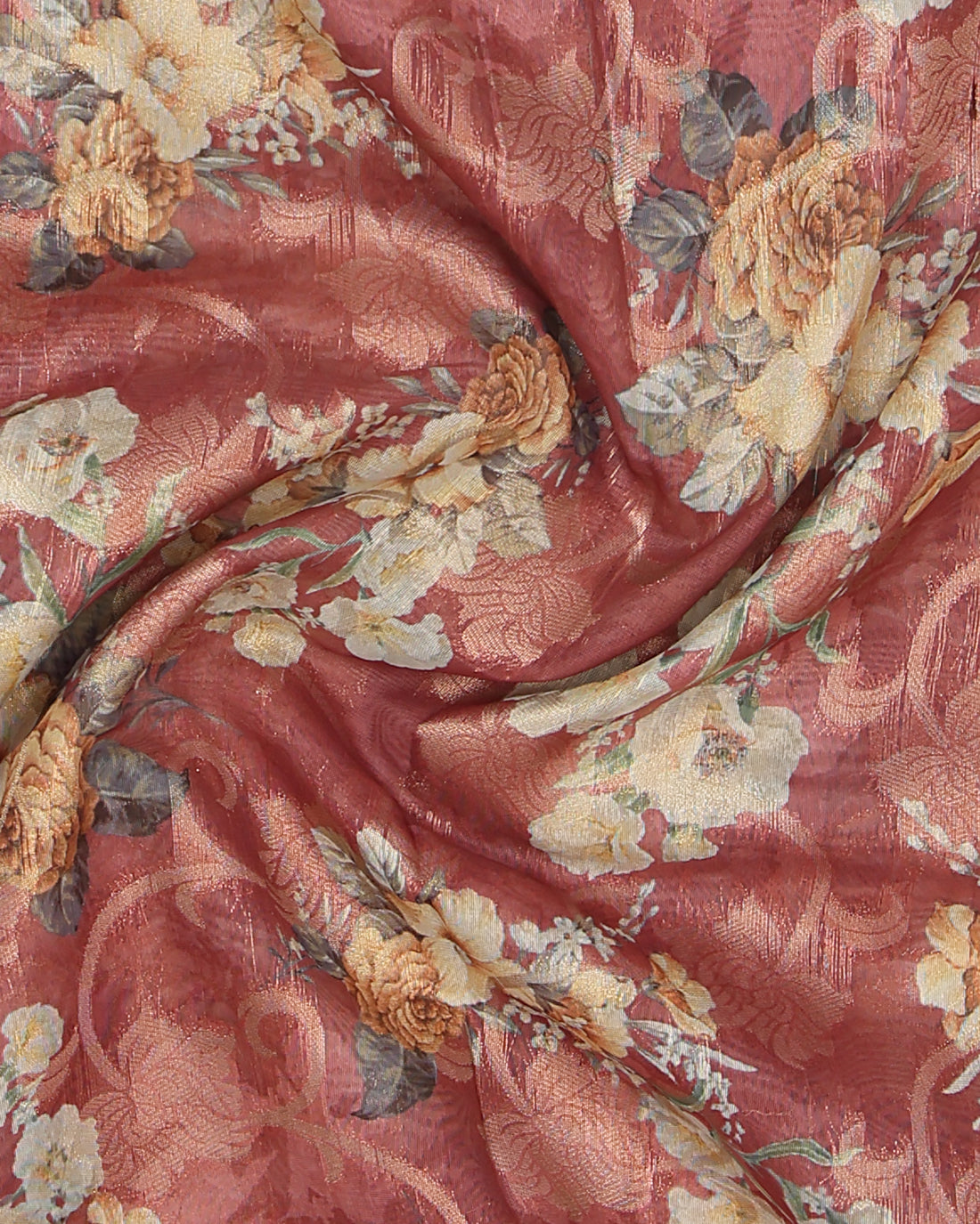 Floral Fancy Silk Saree with Contrast Zari Border - Red