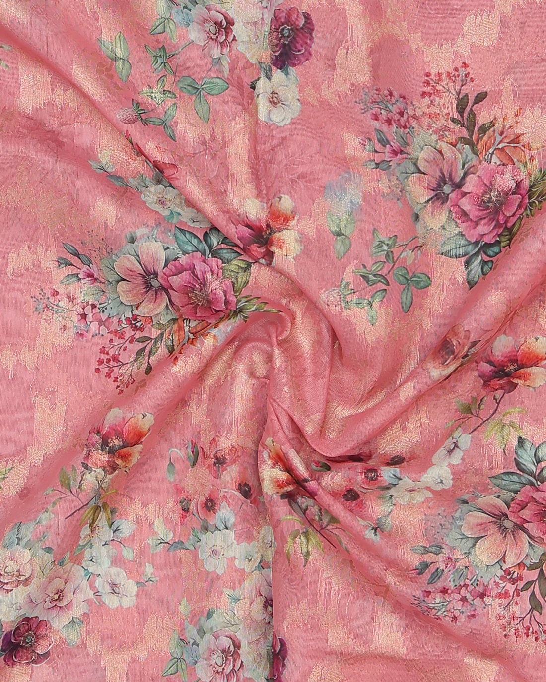 Floral Fancy Silk Saree with Contrast Zari Border - Pink