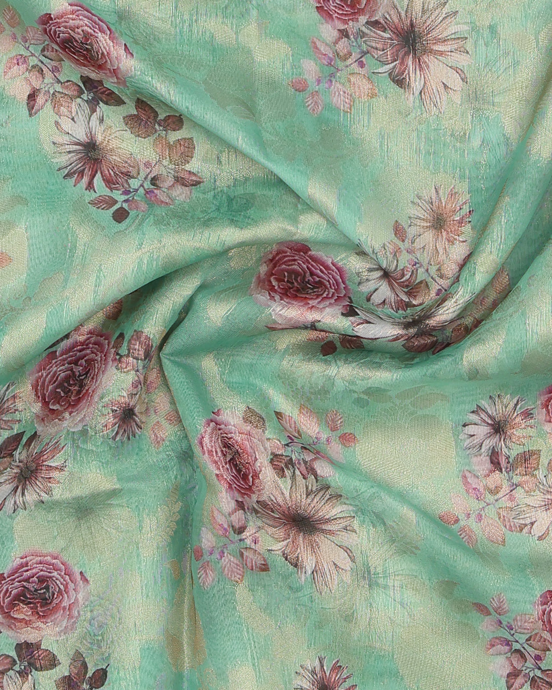 Floral Fancy Silk Saree with Contrast Zari Border - Green