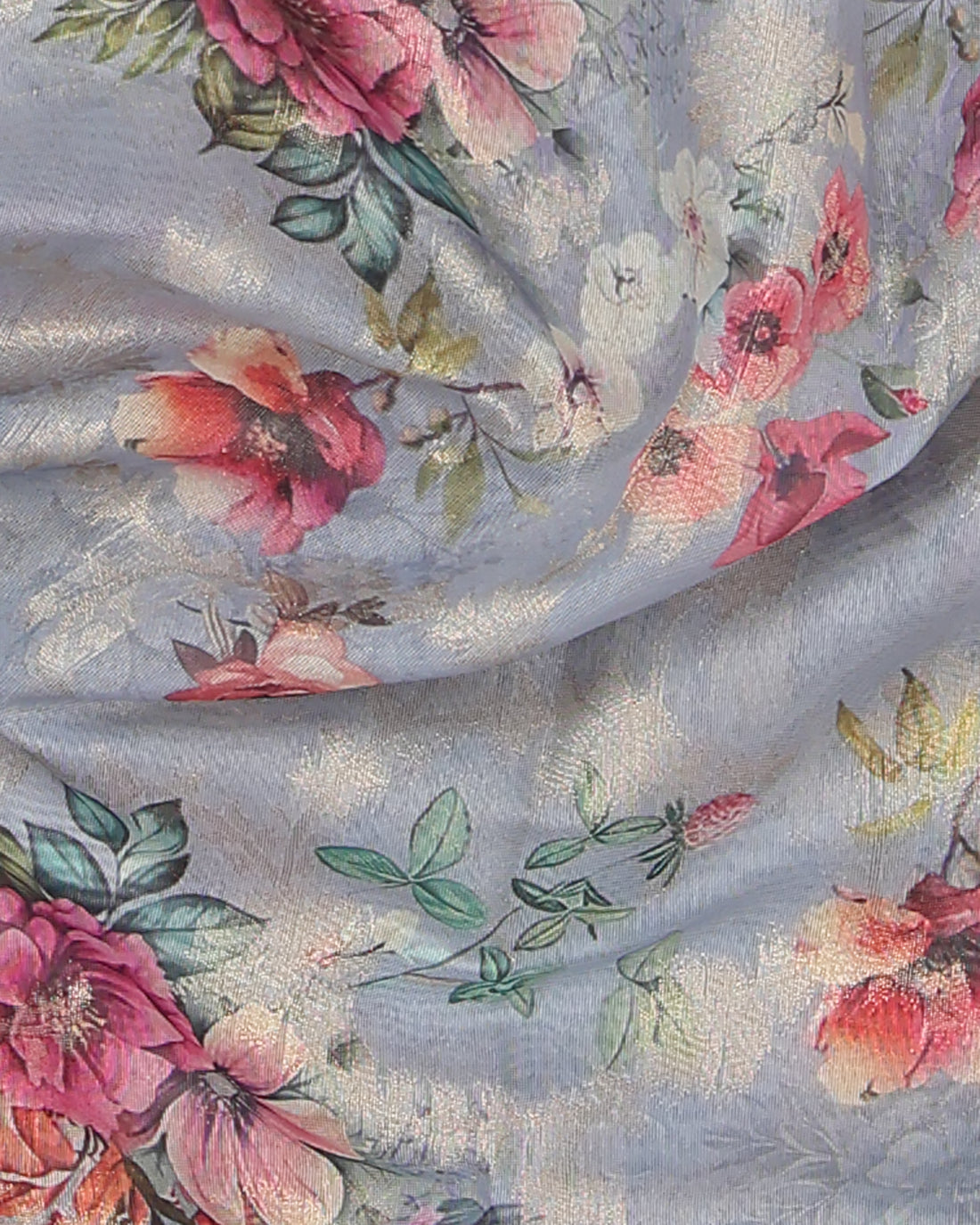 Floral Fancy Silk Saree with Contrast Zari Border - Grey