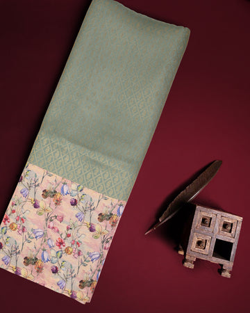 Solid Soft Silk Saree With Floral Printed Blouse - Green