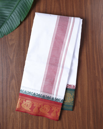 Men’s Cotton Dhoti with Contrast Zari Border - White