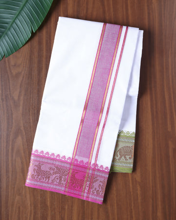 Men’s Cotton Dhoti with Contrast Zari Border - White