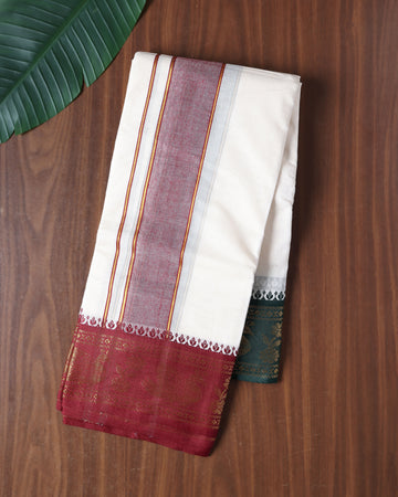 Men’s Cotton Dhoti with Contrast Zari Border - Half White