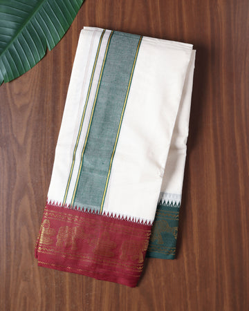 Men’s Cotton Dhoti with Contrast Zari Border - Half White