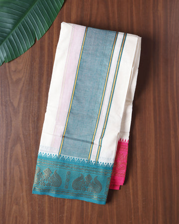 Men’s Cotton Dhoti with Contrast Zari Border - Half White