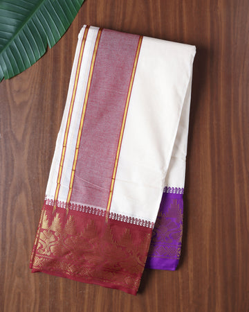 Men’s Cotton Dhoti with Contrast Zari Border - Half White
