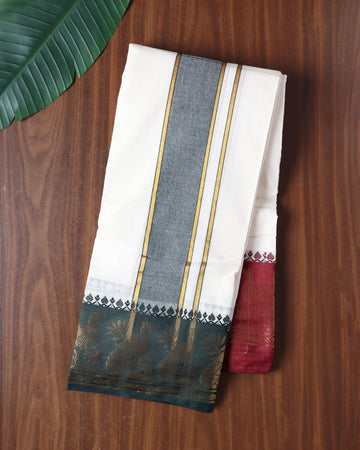 Men’s Cotton Dhoti with Contrast Zari Border - Half White