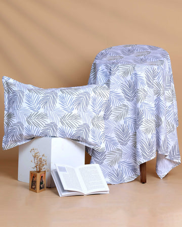 Palm Leaf Print Bed Cover with Matching Pillow Cover Set - White