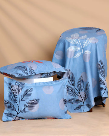Modern Leaf Motif Design Bed Cover with Matching Pillow Cover Set - Blue