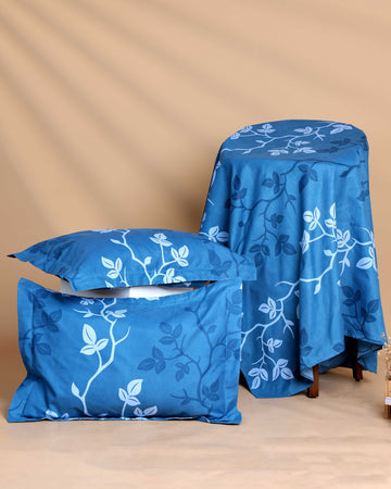 Modern Leaf Motif Print Design Bed Cover with Matching Pillow Cover Set - Blue