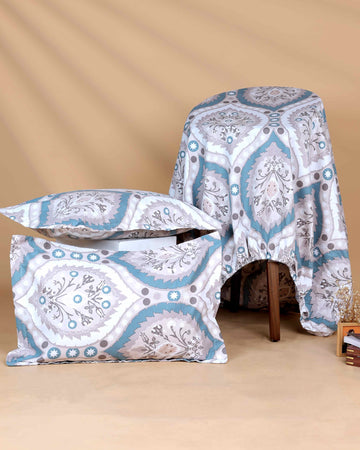 Elegant Scrollwork & Floral Pattern Bed Cover with Matching Pillow Cover Set - White