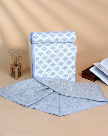 Hand Block Printed Cotton Single Quilt - White
