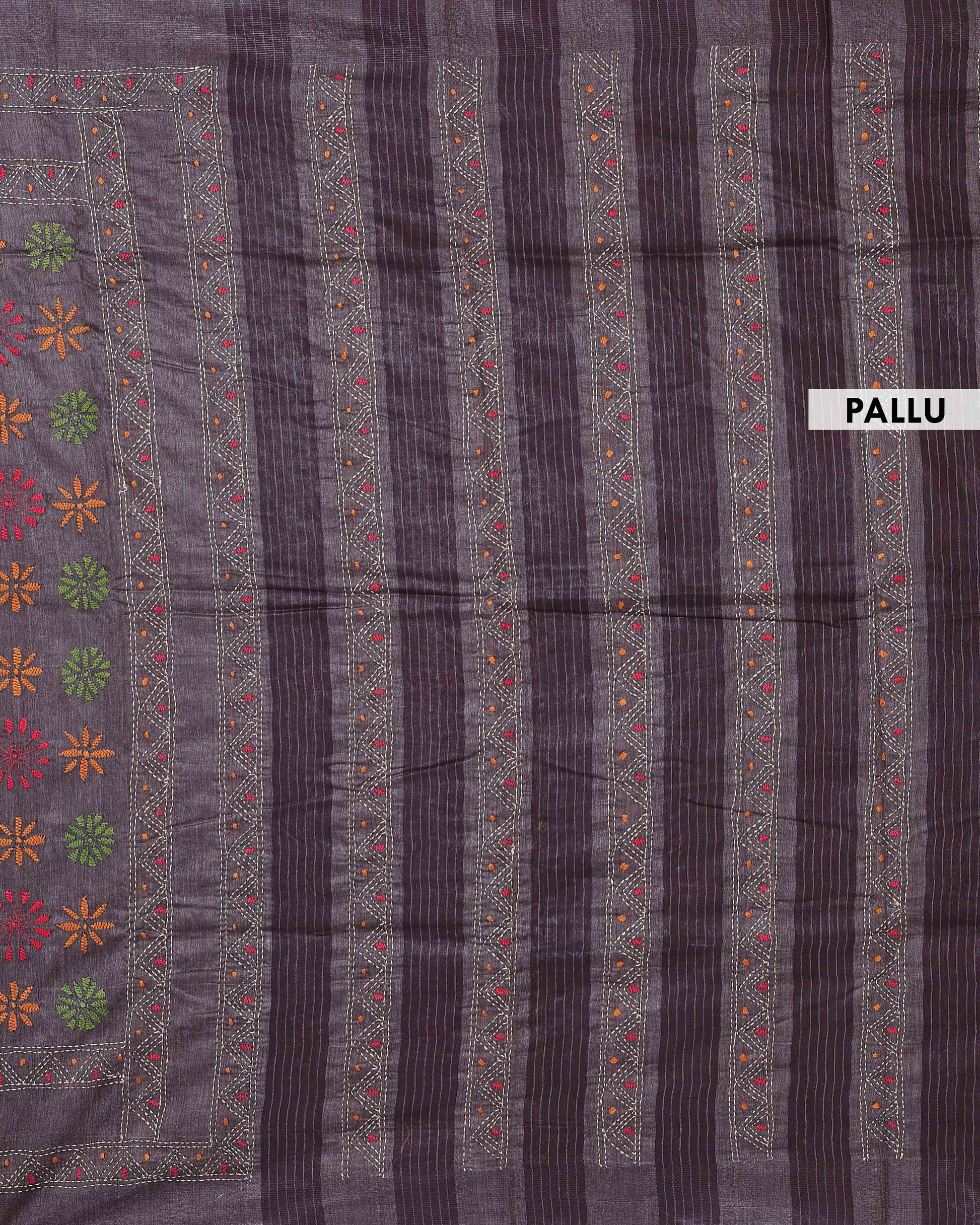 Eleagnt Kantha Work Saree with Floral and Geometric Motifs - Purple