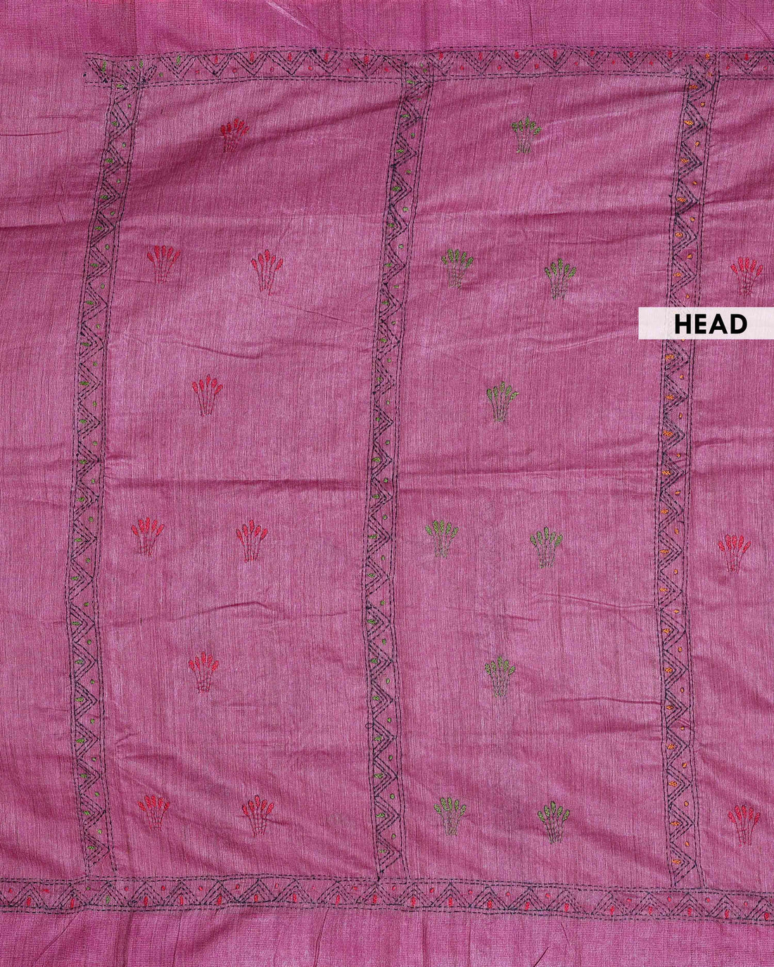Elegant Kantha Work Saree with Floral and Geometric Motifs - Onion Pink