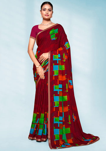 Chiffon Saree with Geometric Print - Maroon