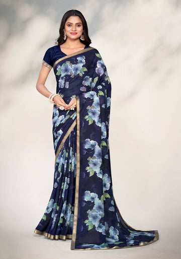 Elegant Floral Print Chiffon Saree - Navy Blue