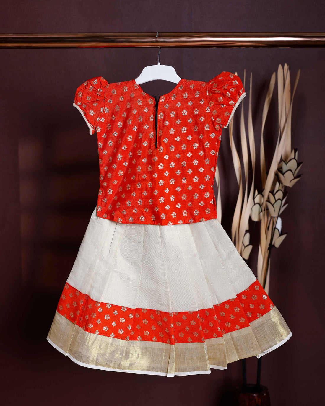 Kids Readymade Pattu Pavadai Set with Traditional Motifs - Dark Orange