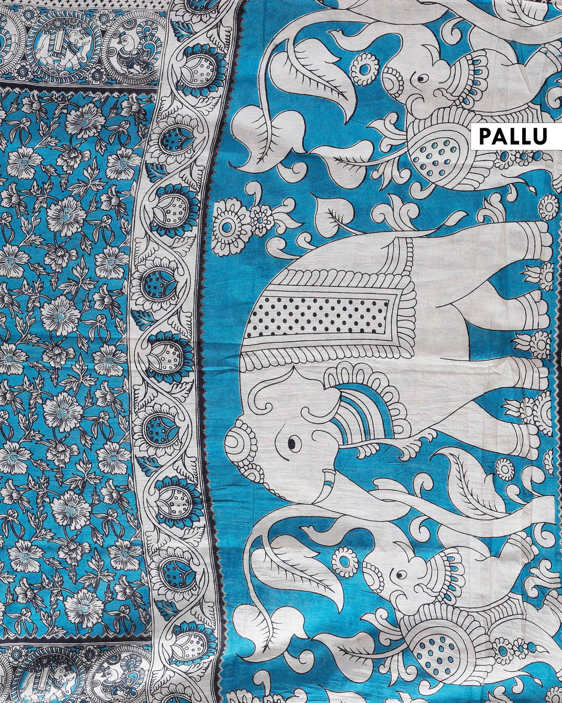 Traditional Handloom Kalamkari Cotton Saree with Floral Motifs - Blue