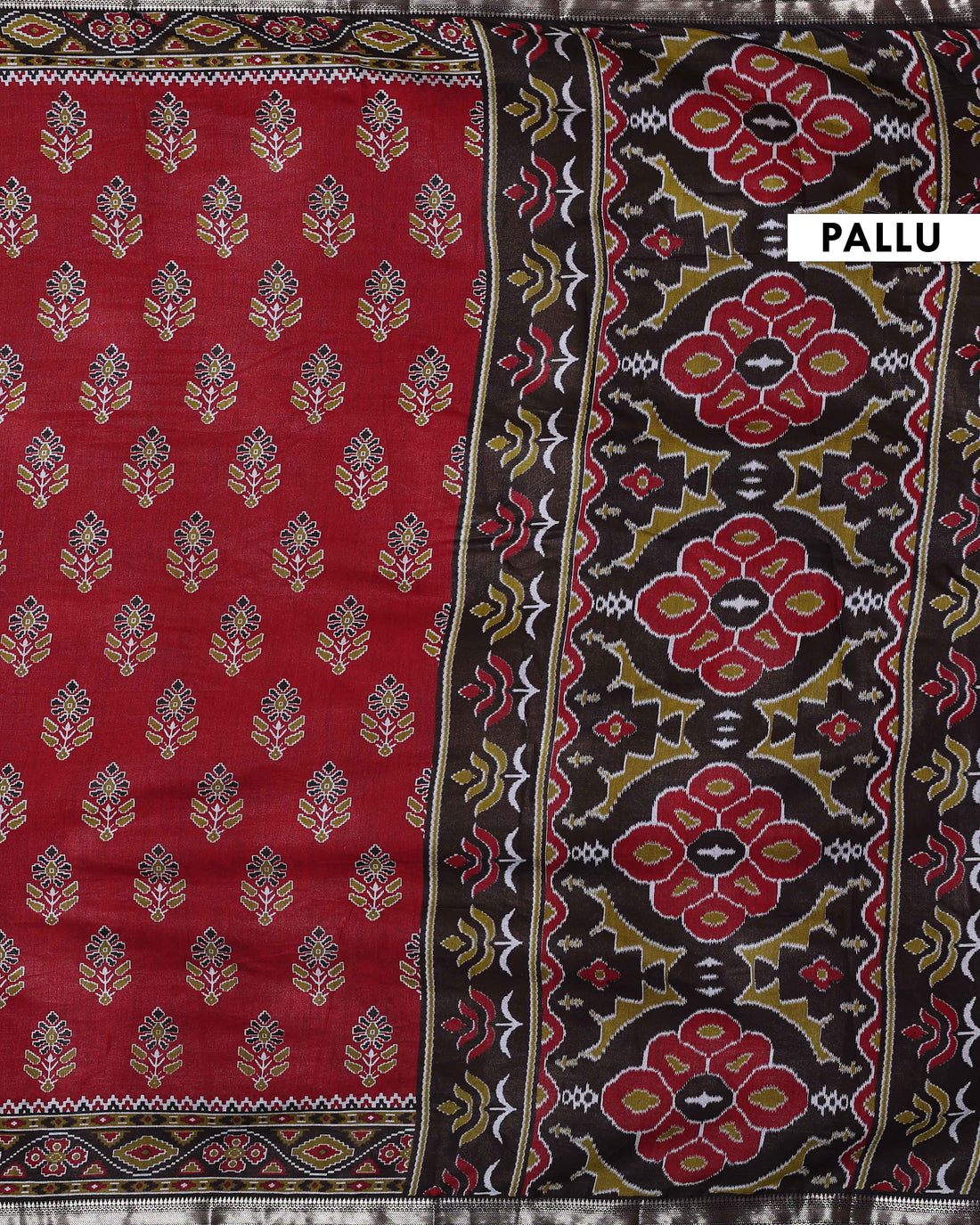 Rich Maroon Patola Silk Saree with Intricate Floral Motifs and Black Contrast Pallu