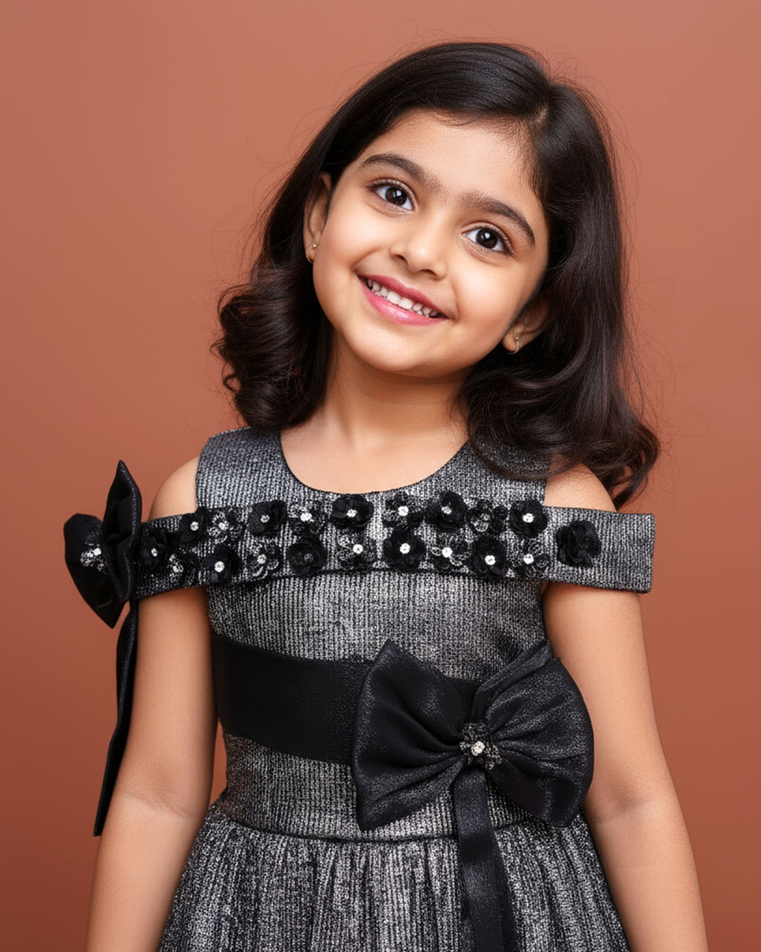 Off-Shoulder Princess Frock with Embellished Bodice & Accents - Grey