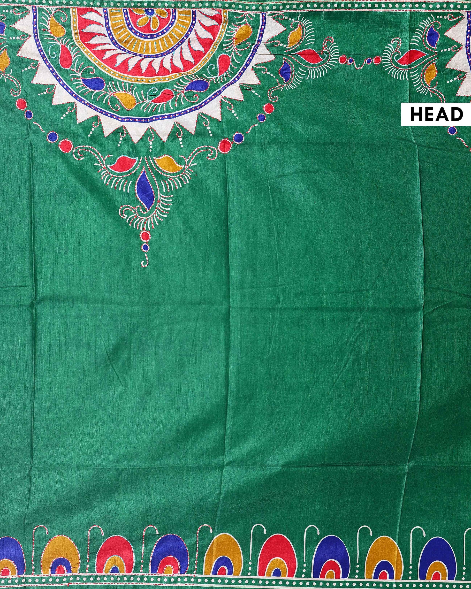 Elegant Kantha Work Silk Saree with Intricate Handcrafted Border and Traditional Motif Detailing - Green