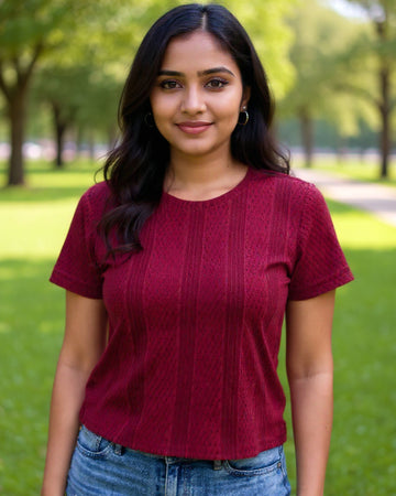 Round Neck Women Maroon Colour T-Shirt