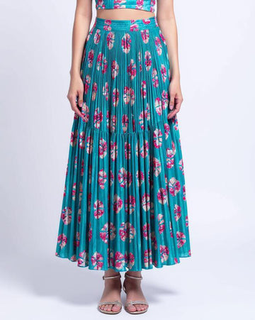 Women's Floral Pleated Skirt - Blue