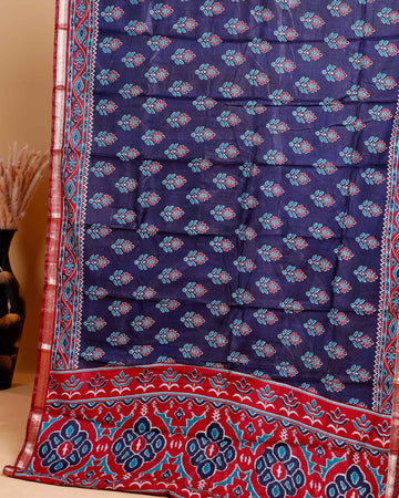 Navy Blue Patola Silk Saree with Intricate Floral Motifs
