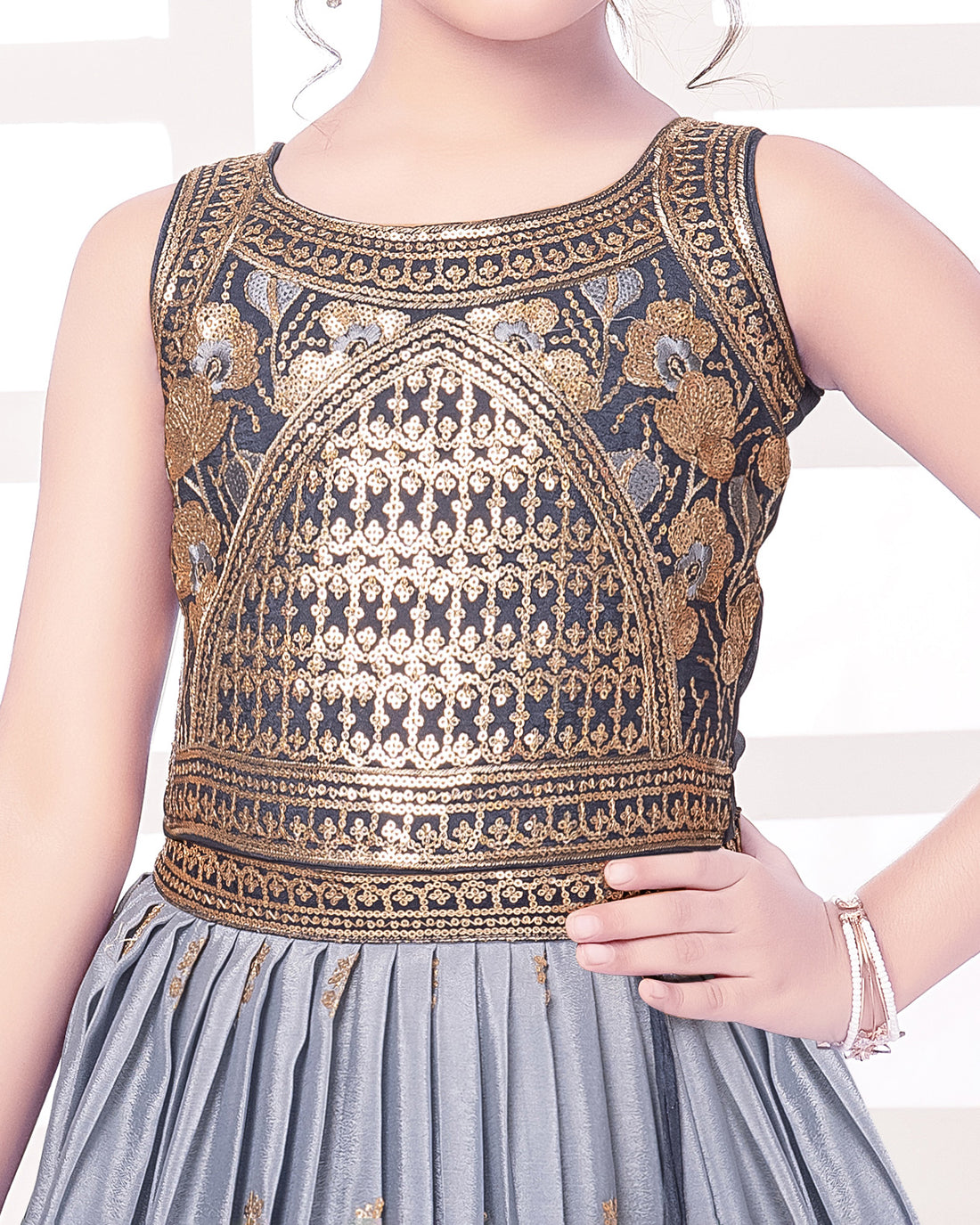 Girls Kids Embellished Sleeveless Choli Dress with Zari Work - Grey