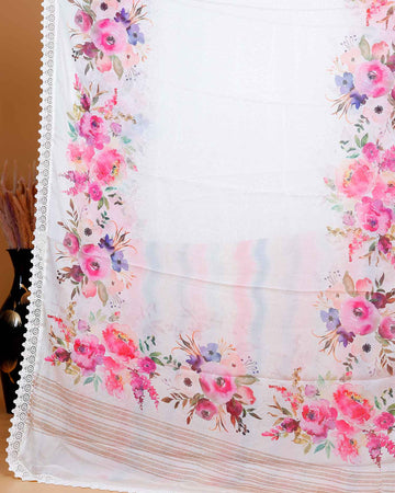 Elegant White Georgette Saree with Multicolour Floral Print
