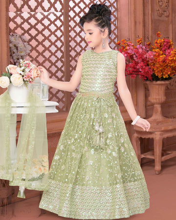Girls Embroidered Net Lehenga Choli with Dupatta Set - Green