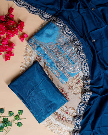 Women's Embroidered Unstitched Salwar Suit Material with Sequins and Scalloped Dupatta Border- Blue