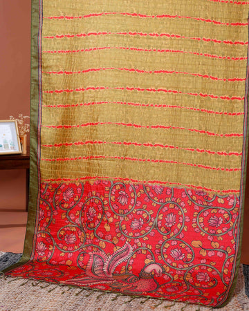 Elegant Semi Tussar Silk Saree with Intricate Floral Patterns and Textured Stripes - Olive Green