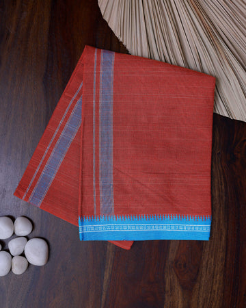Men's Traditional Cotton Dhoti with Striped Blue Border and Contrast - Red