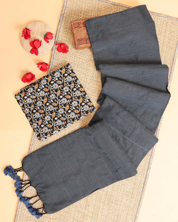 Handwoven Khadi Cotton Saree with Contrast Printed Blouse and Tassel Accents - Grey