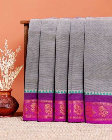 Chettinad Cotton Saree with Traditional Zari Border and Floral Motifs - Grey