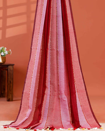 Handwoven Mul Mul Cotton Saree with Bold Striped Pattern and Tassel Detailing – Multi