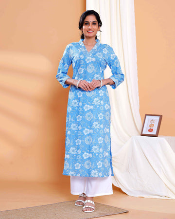 Print Straight Kurta with V-Neck and 3/4th Sleeves - Blue