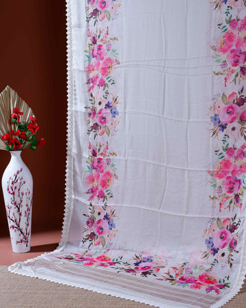 Elegant Georgette Saree with Vibrant Floral Border Prints and Delicate Lace Edging - Cream