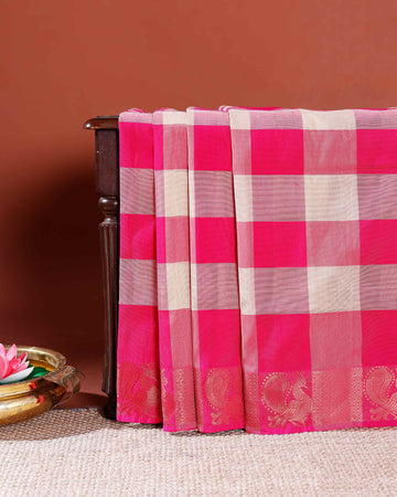 Chettinad Cotton Handloom Saree with Traditional Checked Weave and Zari Border - Multi