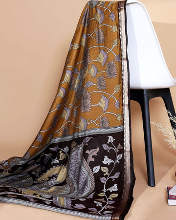 Elegant Semi Chanderi Saree with Traditional Kalamkari Handcrafted Motifs and Intricate Zari Border - Mustard Yellow