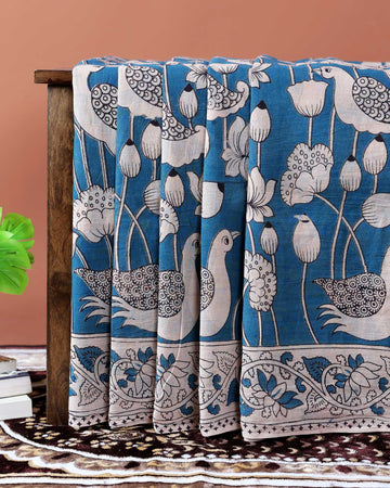 Handloom Kalamkari Cotton Saree with Traditional Bird & Lotus Motif - Blue