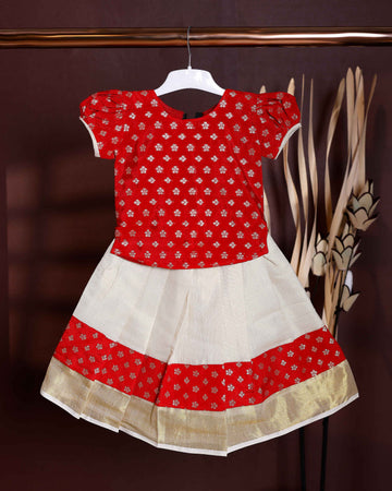 Kids Readymade Pattu Pavadai Set with Traditional Motifs - Red