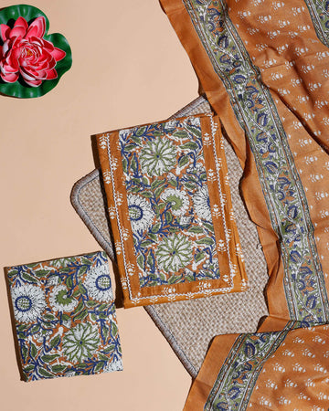 Women's Floral Printed Cotton Salwar Material with Coordinated Bottom and Traditional Border Dupatta - Brown
