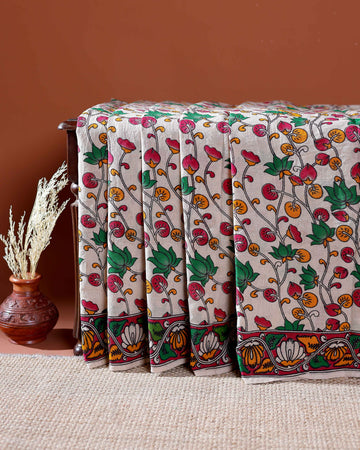 Traditional Handloom Kalamkari Cotton Saree with Intricate Floral and Avian Motifs - Off White