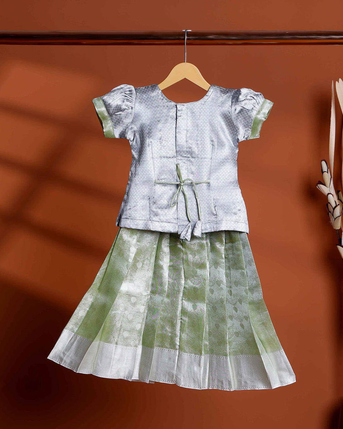 Traditional Kids Readymade Pattu Pavadai Set with Embellished Neck Blouse and Pleated Silk Skirt - Grey