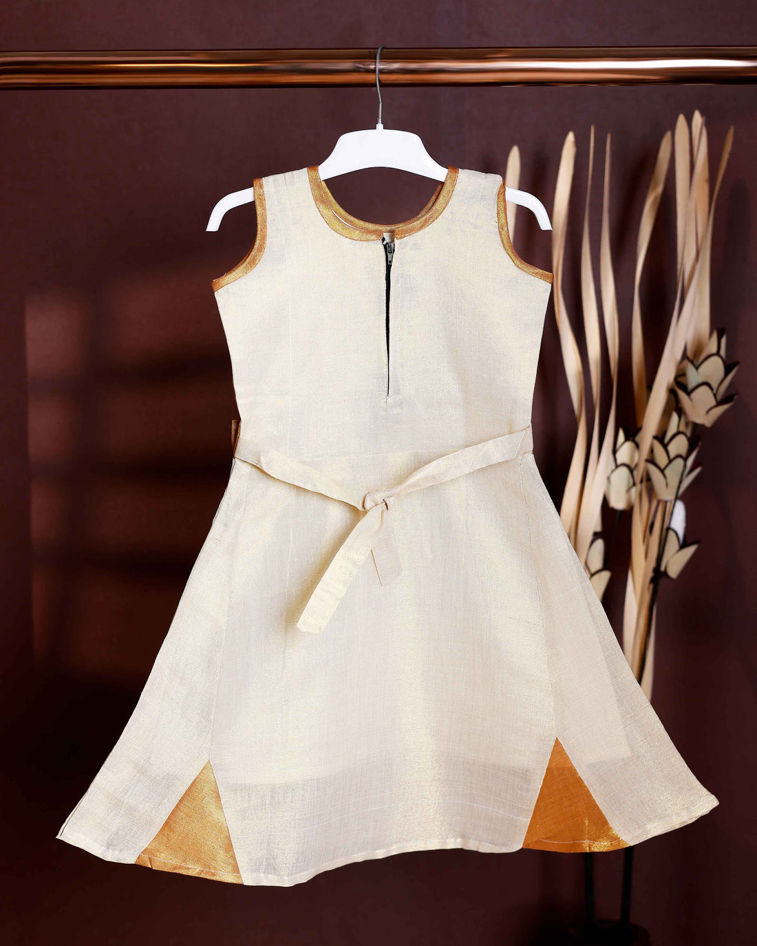 Kids' Sleeveless Frock with Embellished Bow Belt and Contrast - Cream