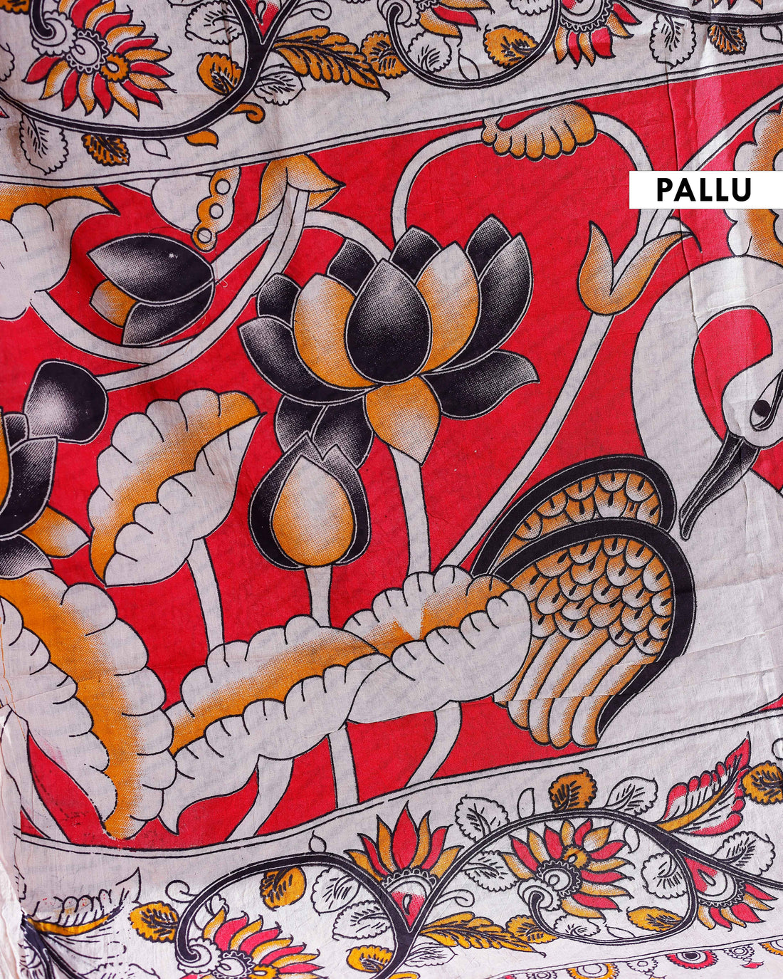 Traditional Handloom Kalamkari Cotton Saree with Intricate Floral and Avian Motifs - Red
